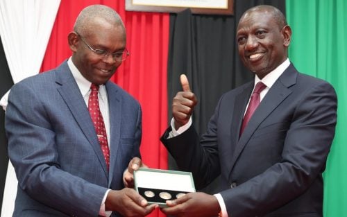 Central Bank Of Kenya (Cbk) Governor Kamau Thugee (Left0 And President William Ruto Pose For A Photo In A Past Function. Photo/Courtesy