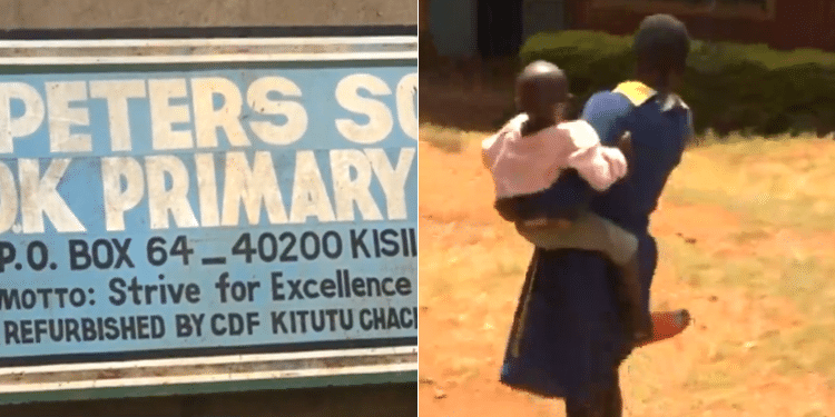 A Collage Photo Of St Peter Soko Primary And School Going Child Taking Care Of Her Sibling.