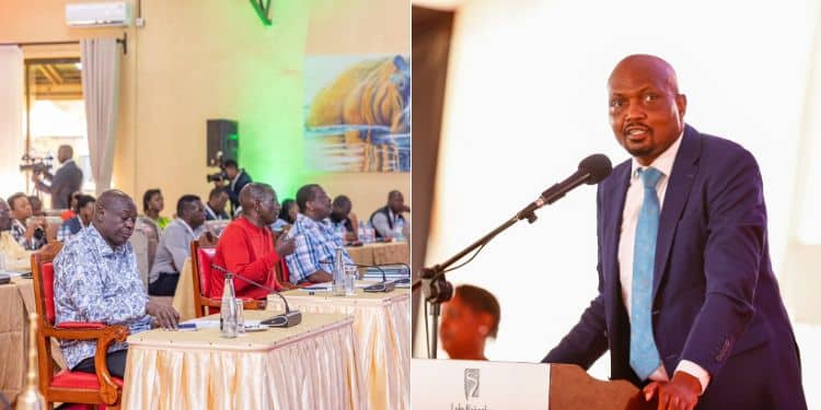 Public Service Cabinet Secretary Moses Kuria (Right) Makes His Submissions Before The Cabinet Retreat At Lake Naivasha Resort.