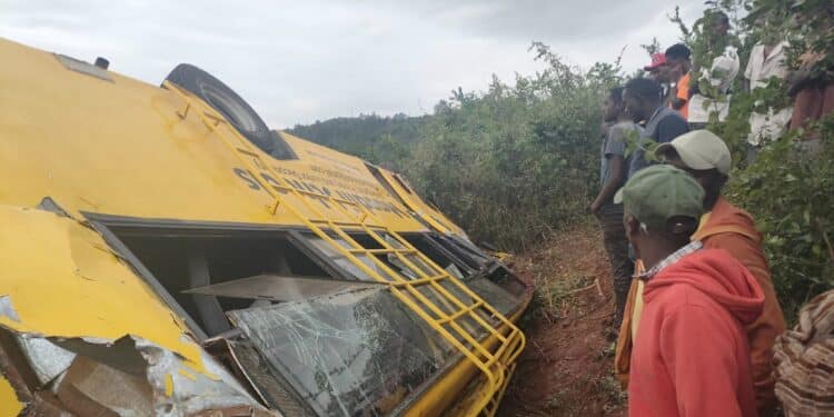 The Wreckage Of The Maadili Schools Bus Involved In An Accident Along The Gitugi-Murang'A Road On February 24, 2023.