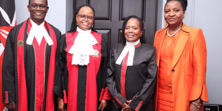 Winfridah Mokaya Boyani Poses For A Photo With Retired Chief Registrar Anne Amadi, Cj Martha Koome And Paul Ndemo. Photo/ Judiciary Kenya