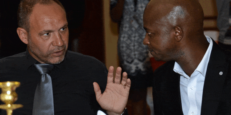 Former Harambee Stars Head Coach Sebastien Migne (Left) And Fkf Boss Nick Mwendwa. Photo/ Courtesy