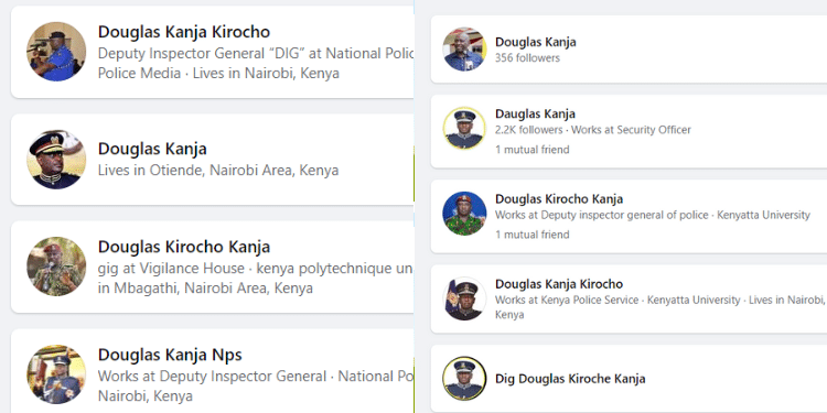 A Photo Collage Of The Fb Accounts Operating As Deputy Inspector General, Kenya Police Service Douglas Kanja. Photo/Courtesy.