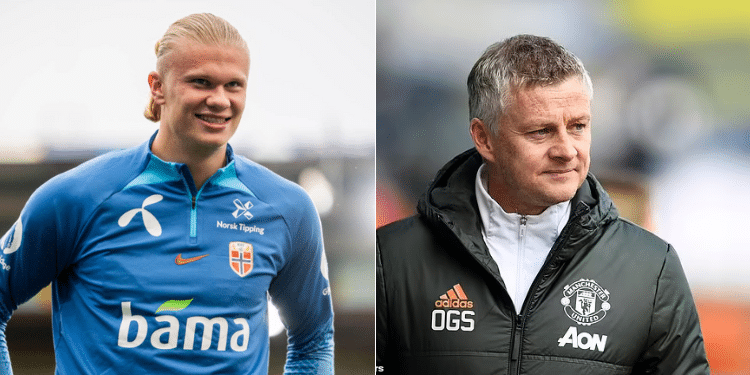 A Collage Of Manchester City Star Erling Haaland And Former Manchester United Manager Ole Gunnar Solskjaer.