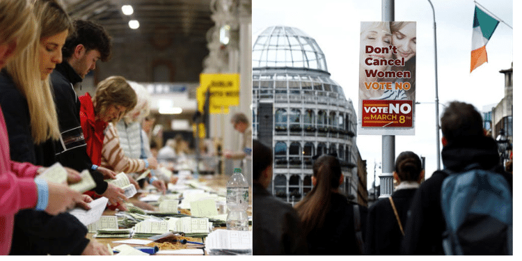 A Collage Photo Of Voters In Ireland And A Poster In The Street. Photo/ Courtesy
