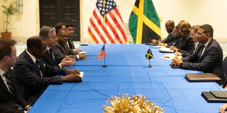 Us Secretary General Anthony Blinken Discussing Haiti Mission In Jamaica.