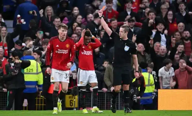 Referee John Brooks Shows A Red Card To Amad Diallo After Receiving Two Yellow Cards.