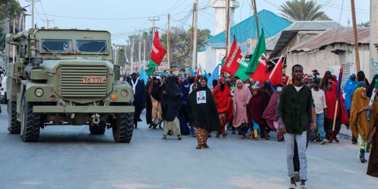 Kenyan Bus Company Listed Among 16 Entities Financing Al- Shabaab Demonstrators Attend A Rally Against The Al-Shabaab Militia Group In Mogadishu On January 12, 2023. Photo/Afp