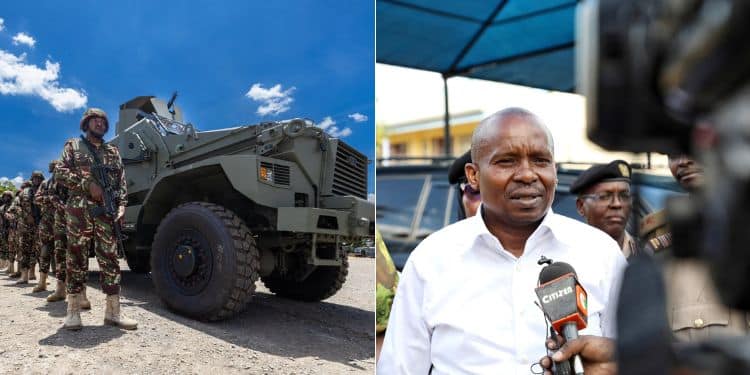A Side-To-Side Photo Of Interior Cs Kityhure Kindiki (Right) And Ohotos Of New Military Equipment Purchased To Revamp Security Operations.