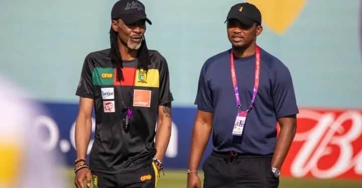 Samuel Eto’o With Former Cameroon Coach Rigobert Song. Photo/ Courtesy.