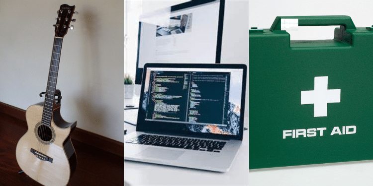 A Photo Collage Of A Guitar, Laptop And A First Aid Kit. Photo/Courtesy.
