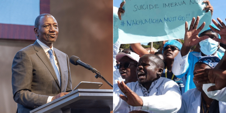 A Collage Of Doctors Holding Protest In The Street And President William Ruto. Photo/ Courtesy