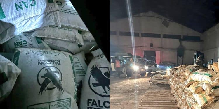 A Photo Collage Showing Bags Of Fertilizer Nabbed In A Warehouse By Dci Officers.
