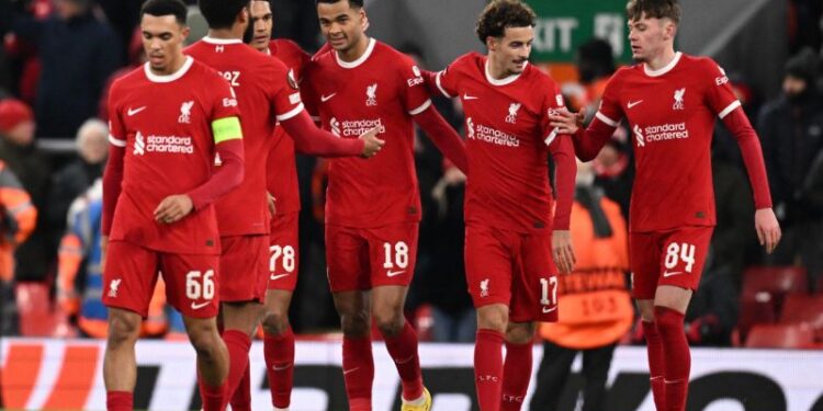 Liverpool Celebrates A 4-0 Win Uefa Europa League Group E Football Match Between Liverpool And Linzer Ask At Anfield On November 30, 2023. Photo/ Afp