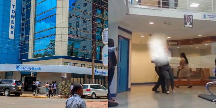 A Photo Collage Of A Family Bank Branch And A Screengrab Of Woman Involved In An Altercation At A Bank Branch.