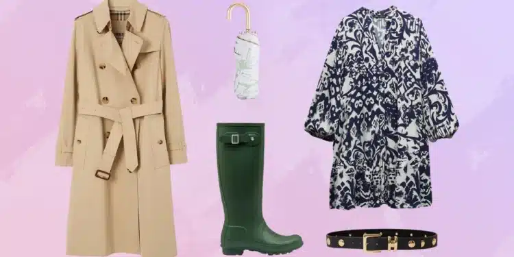 Stylish Outfits For Ladies During Rainy Weather Image Of A Trench Coat, An Umbrella, Boots And A Top Dress. Photo/ Courtesy