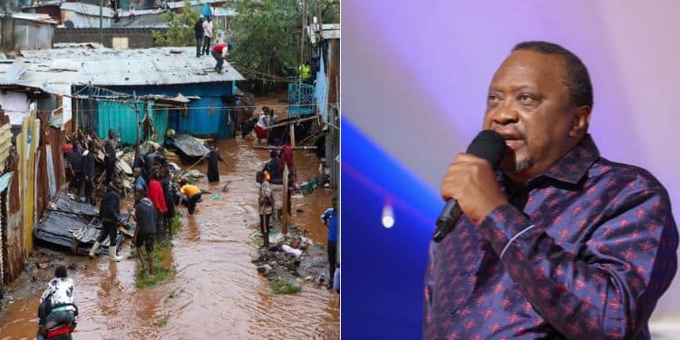 Uhuru Pledges Ksh 2M To Help Floods Victims, Declares Stand On Doctors Strike A Photo Collage Of Former President Uhuru Kenyatta 9Right) And A Photo Showing An Estate Marroned In Flood Water.