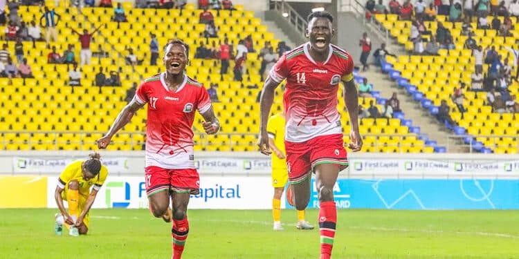 Harambee Stars Skipper Michael Olunga Celebrates After Scoring Against Zimbabwe In The Four Nations Tournament At Bingu Stadium In Lilongwe, Malawi, On March 26, 2024. Photo/ Harambee Stars