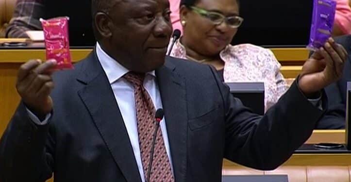 South Africa President Cyril Ramaphosa Holding Two Wrappers Containing The New Max Condoms. Photo/ Screen Grab