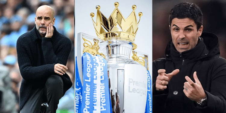 A Collage Of Manchester City Coach Pep Guardiola, Epl Trophy And Arsenal'S Coach Mikel Arteta. Photo/ Epl