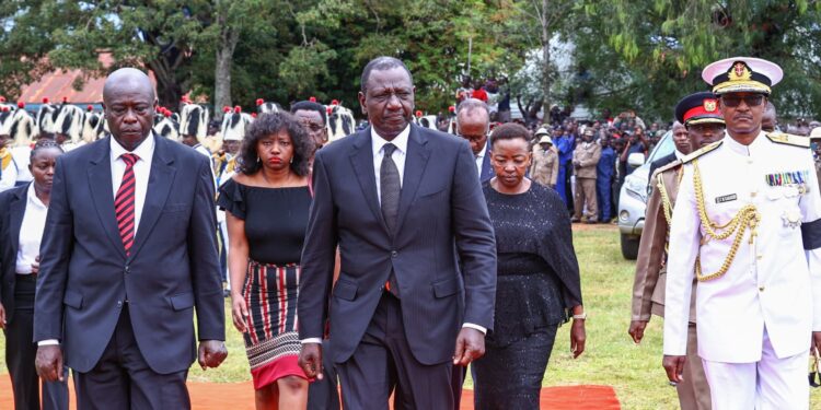 President William Ruto, Dp Rigathi Gachagua And First Lady Mama Rachel Ruto During The Burial Of Cdf Francis Ogolla. Photo/Pcs.