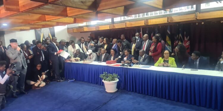 Doctors Sign Deal To End Strike After 56 Days Kmpdu Officials And Government Officials After Signing An Agreement. Photo/ Gabriel Muthuma