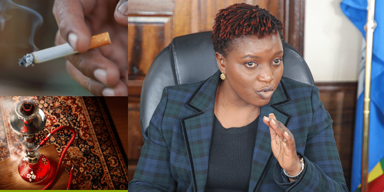 Govt Asked To Ban Shisha, Pouches &Amp; Vape As Experts Warn Of New Trend A Collage Of Cigarette (Top-Left), Shisha (Bottom-Left) And Cabinet Secretary Health, Kenya Nakhumicha S. Wafula (Right). Photo\Courtesy