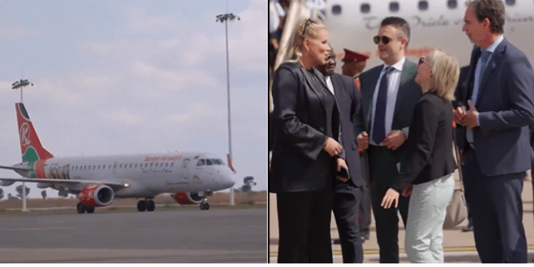 Iceland Prime Minister Uses Kq Flight Amid Ruto Jet Saga A Photo Collage Of The Kenya Airways Plane And Iceland Prime Minister Bjarni Benediktsson'S Crew Arriving In Malwai.photo/Courtesy.