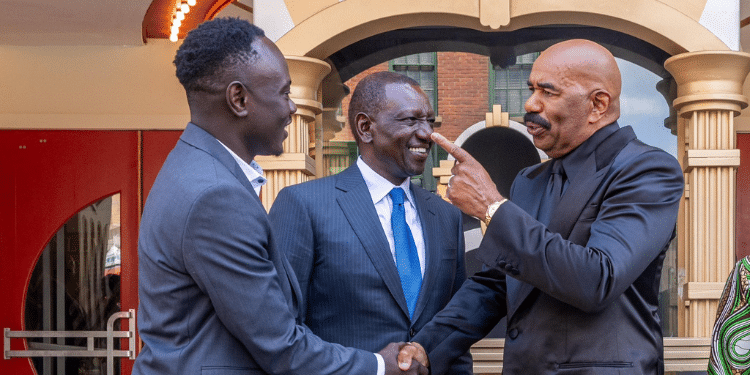 President William Ruto (Center) And Comedian Eddie Butita (Left) Share A Light Moment With American Tv Star Steve Harvey During Their Tour Of The Tyler Perry Studios In Atlanta, Georgia On May 21, 2024.