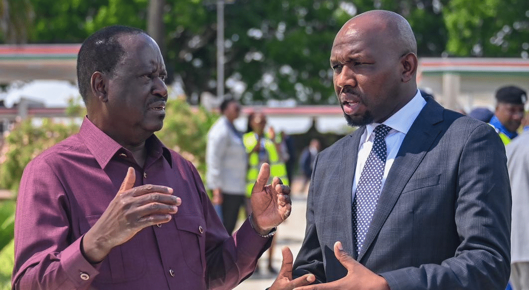 Former Prime Minister Raila Odinga With Cs Kipchumba Murkomen. Photo/Twitter(X)