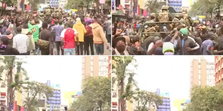 Rules Governing Conduct Of Kdf Officers Deployed Amid Protests Photos Of Protesters Sorrounding Patrolling Kdf Officers In Nairobi Cbd. Photo/Courtesy.