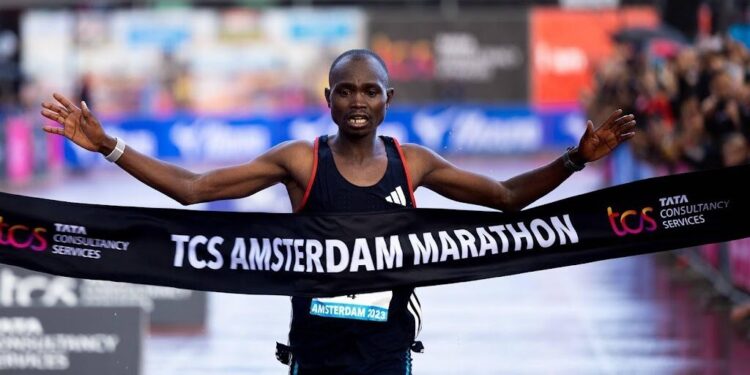 Marathon Winner Among 33 Kenyan Star Athletes Suspended Marathoner Joshua Belet Crosses The Finish Line At 2023 Amsterdam Marathon. Photo/Courtesy. Athletes