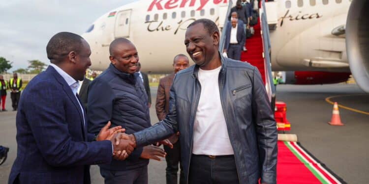 President William Ruto Shakes Hands With Senate Majority Leader Aoron Cheruiyot After Arriving Into The Country On Monday, June 17,2024. Photo/Courtesy.