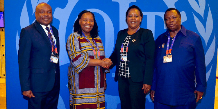 Labor And Skills Development Ps Shadrack Mwadime (Left), Federation Of Kenya Employers Ceo Jacqueline Mugo, Labos Cs Florence Bore And Cotu Secretary General Francis Atwoli In Geneva, Switzerland On June 3, 2024. Photo/ Courtesy