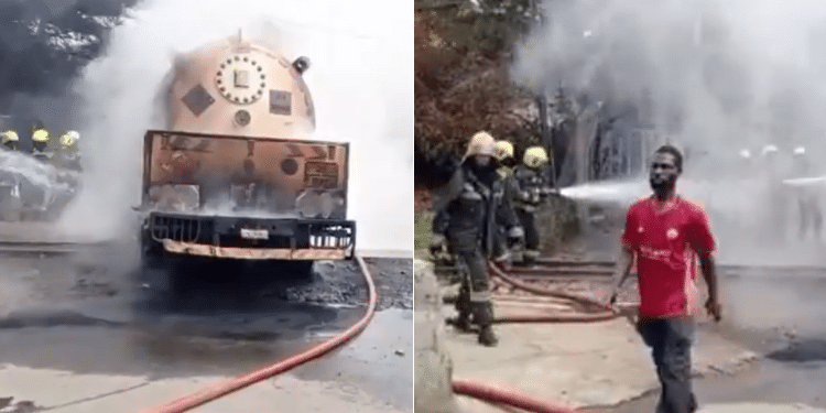 Fuel Tanker Explodes On Nairobi'S Outering Road Firefighters Extinguishing Fire After A Gas Tanker Burst Into Flames In Embakasi Area Of Nairobi. Photo/Ugc