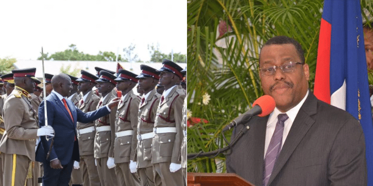 President William Ruto Inspects A Guard Of Honour Mounted By Police Officers During A Past Pass Out Ceremony And Haiti Prime Minister Garry Conille. Photo/ Courtesy