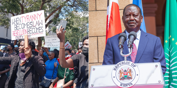 A Photo Collage Of Azimio Coalition Leader Raila Odinga And Anti-Finance Bill Protesters In Nairobi Cbd. Photo/Courtesy.
