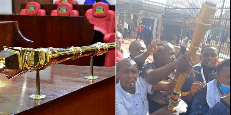 Details Of Parliament Mace That Anti-Finance Bill Protestors Stole A Photo Of A Mace Lying On The Table Of A Speaker And Protestors Carrying The Seized Mace In Parliament. Photo/ Courtesy