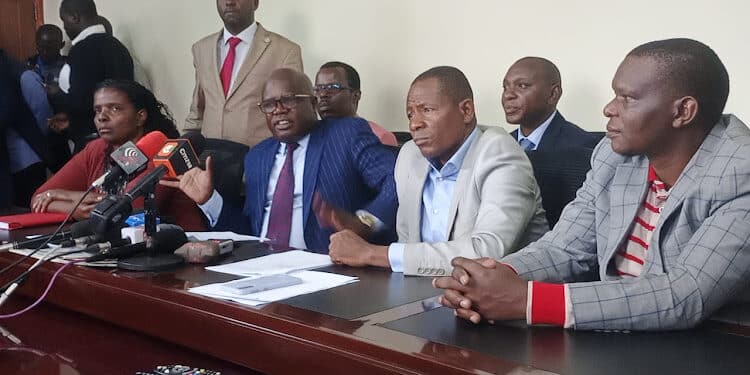 Universities Academic Staff Union Chairperson Grace Nyongesa, Uasu Secretary General Constantine Wasonga, Uasu National Organizing Secretary Onesmus Mutio And Other Union Members During A Press Conference On November 7. Photo/ Courtesy