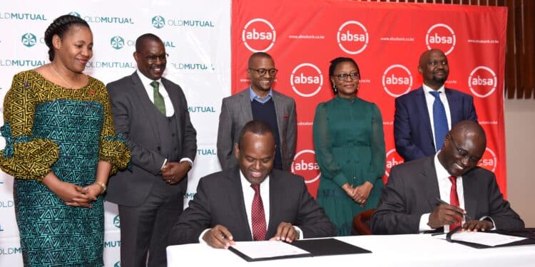 Absa Bank Kenya Md &Amp; Ceo Abdi Mohamed And Old Mutual East Africa Group Ceo Arthur Oginga Sign An Mou Signifying The Launch Of The Linda Biz Sme Bundled Insurance Solution. Photo/ Absa