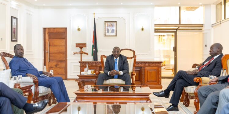 Ruto Announces Day Talks With Gen Z’s Will Start, Clarifies Who Will Bear Cost President William Ruto, Azimio Leader Raila Odinga And Dp Rigathi Gachagua In A Meeting After The Signing Of The Iebc Bill At Kicc On July 9, 2024.Photo/Courtesy.