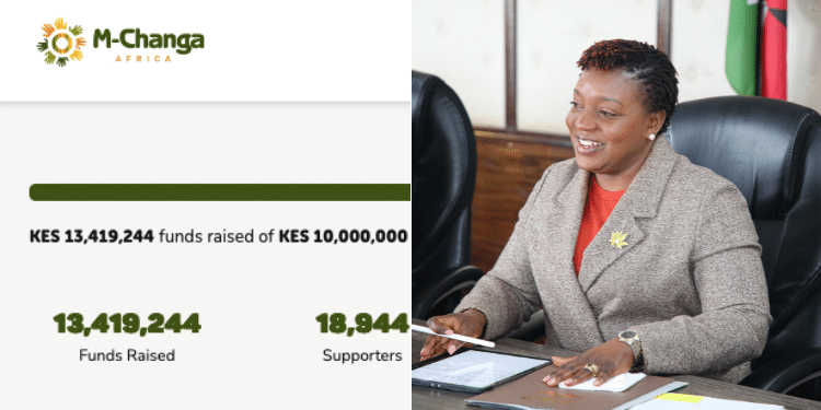 A Collage Of A Screenshot Of The M-Changa Fundraiser And Health Cs Susan Nakhumicha.