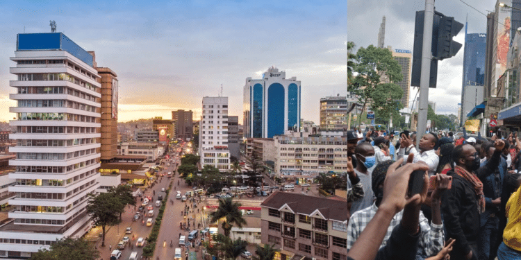 A Side-To-Side Photo Of Kampala City (Left) And Kenyan Youths On The Streets Of Nairobi In The Recent Protesting. Photo/Courtesy