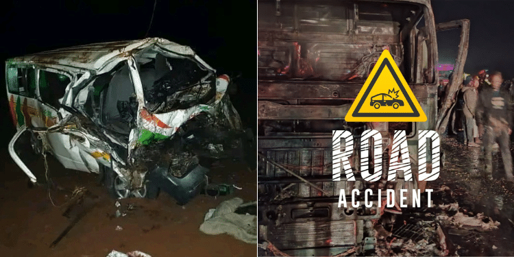 Side To Side Photo Of An Accident Alert Sign And Remains Of The 14-Seater Matatu That Crashed Along Narok-Bomet Road. Photo/Courtesy.