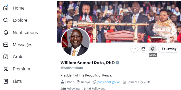 How To - A Screenshot Of President Ruto’s Twitter(X) Account. Photo/Tkt