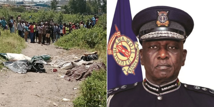 A Side To Side Photo Of Retrieved Bodies In Sacks And Newly Appointed Acting Police Inspector General Douglas Kanja Kirocho. Photo/ Courtesy