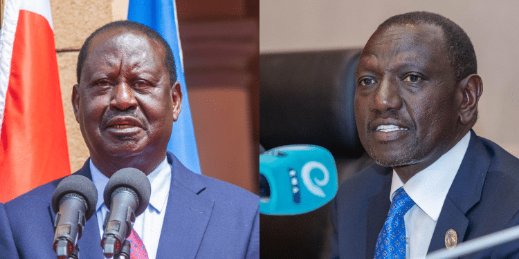 A Collage Of President William Ruto (Right) And Former Prime Minister Raila (Left). Photo/Courtesy.