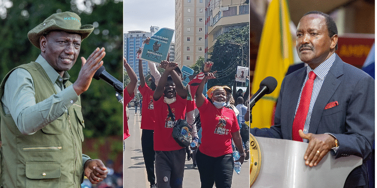 A Photo Collage Of President William Ruto, Protesting Youth And Wiper Leader Kalonzo Musyoka. Photo/Courtesy.
