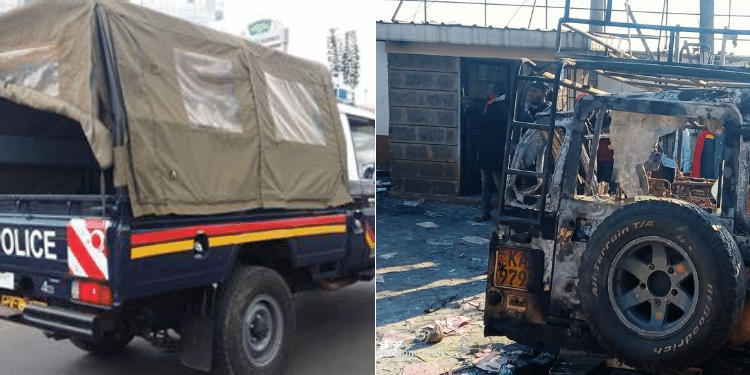 A Collage Of A Police Van And A Photo Showing The Aftermath Of The Arson Attack On Kikuyu Cdf Office.