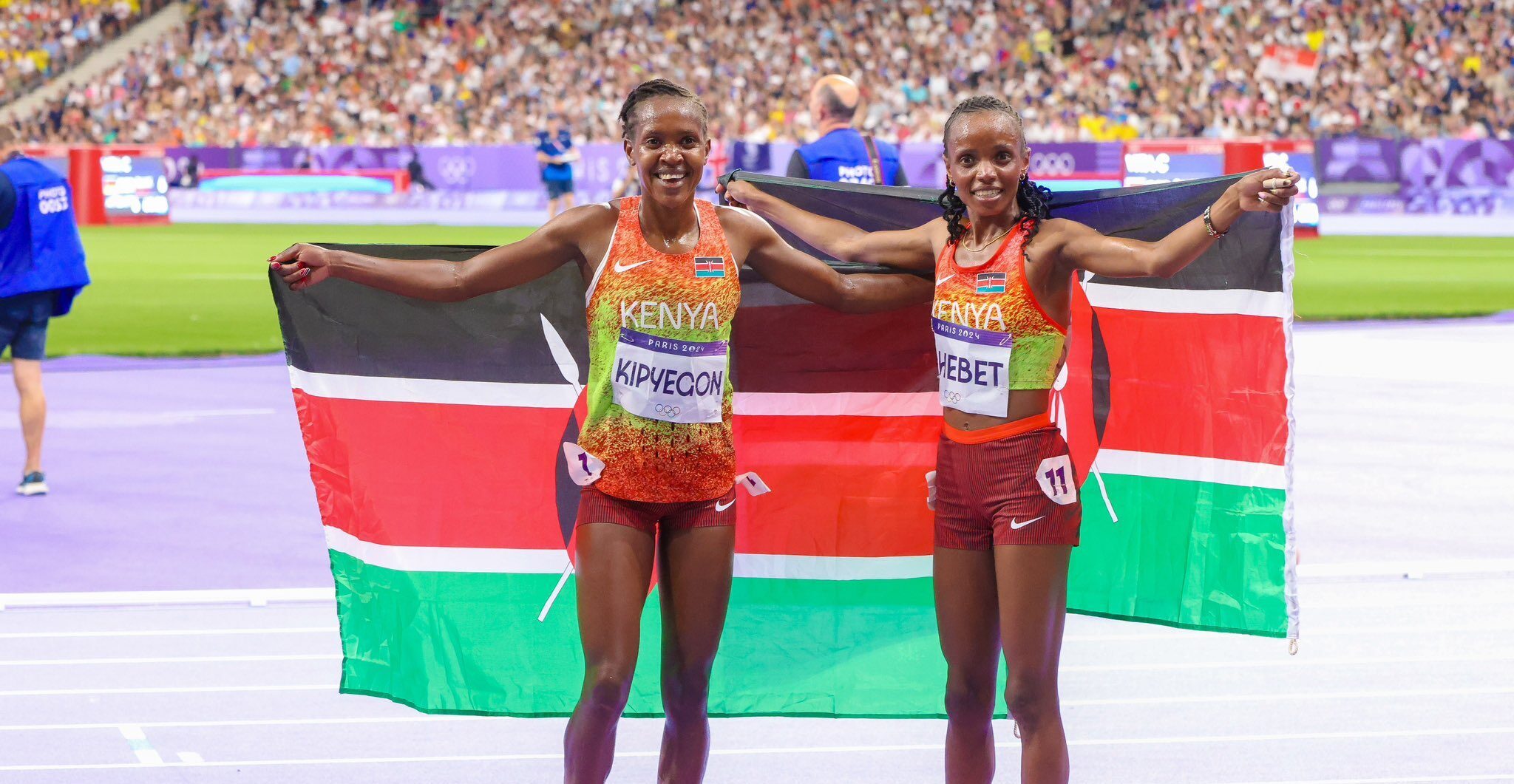 Beatrice Chebet And Faith Kipyegon Pose For A Photo After The 5000M Race At Paris 2024 Olympics. Photo/Courtesy.